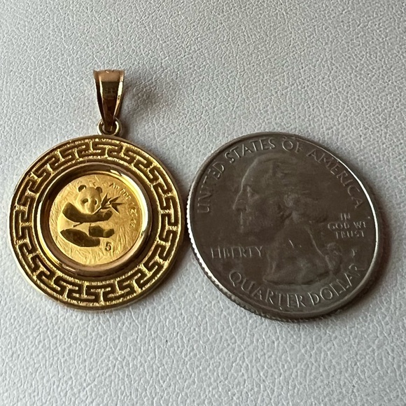 14K BEZEL SET PENDANT PANDA COIN 2000 1/20oz 5 YUAN FROSTED .999 FINE GOLD